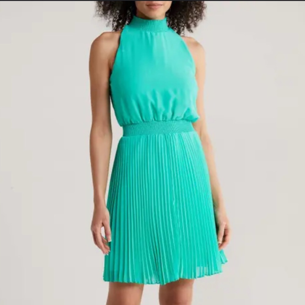 Sam Edelman Turquoise Halter Pleated Mini Dress